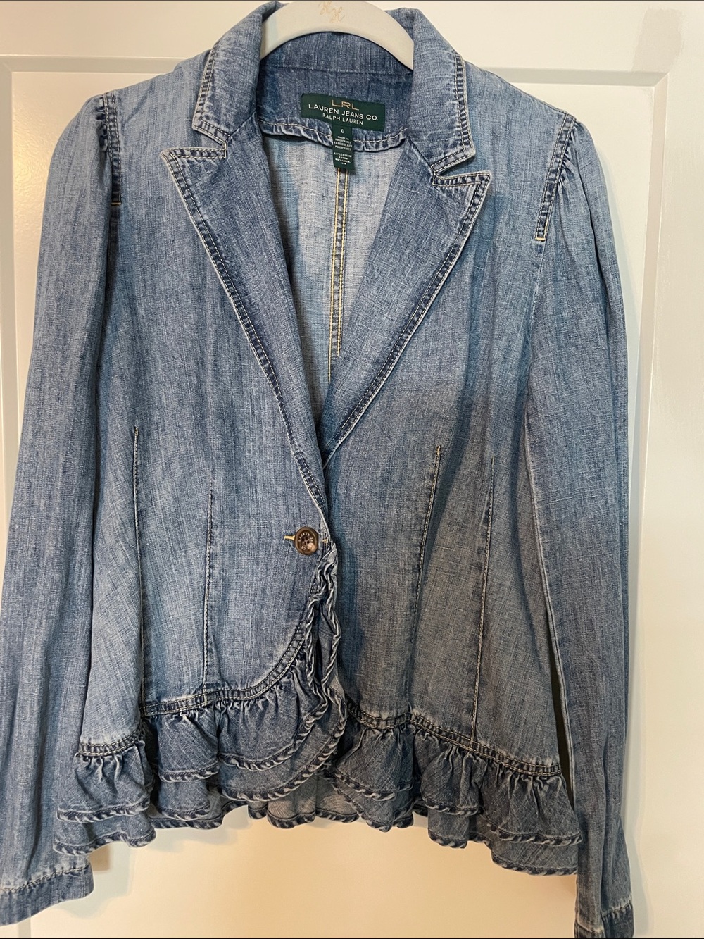 Ralph Lauren Light Blue Denim Ruffled Blazer